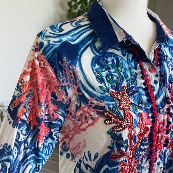 Antica Sartoria Beach Shirt Dress Button Front Cover Up Resort Wear Sequin Small - Picture 8 of 15